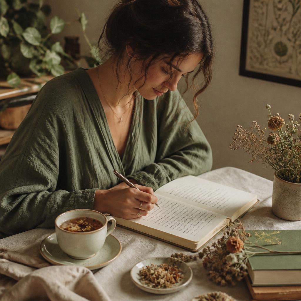 Elin schrijft in haar journal met een kop kruidenthee